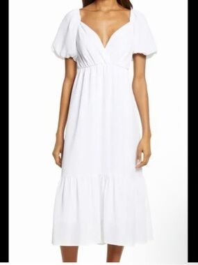 Puff-Sleeve White Midi Dress with V-Neck